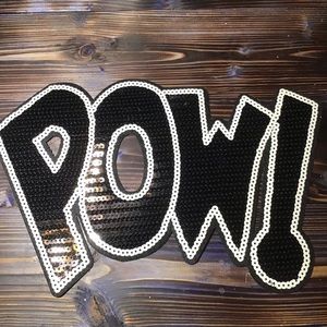 10.5” POW! Black sequined iron on patch
